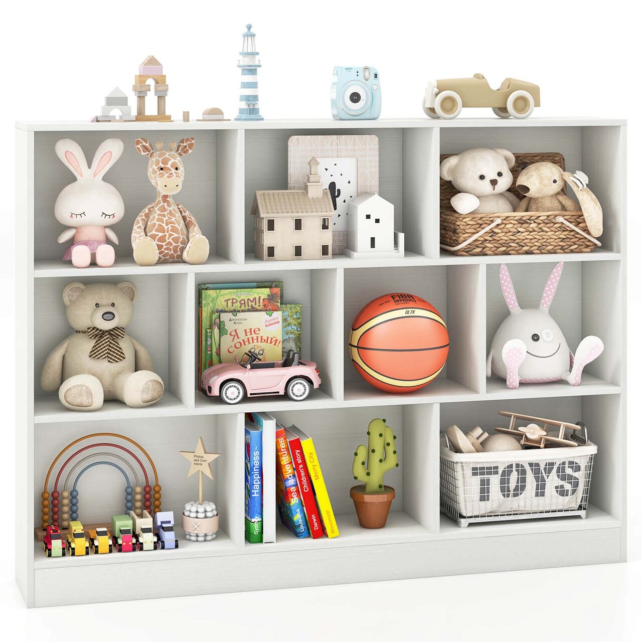 Costway 10-Cube Bookcase 41" Wooden Toy Storage Organizer for Kids Bookshelf White/Natural